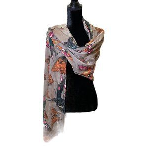 Unbranded Scarf Womens Long Rectangle Bird Butterfly Brown Green Fringe